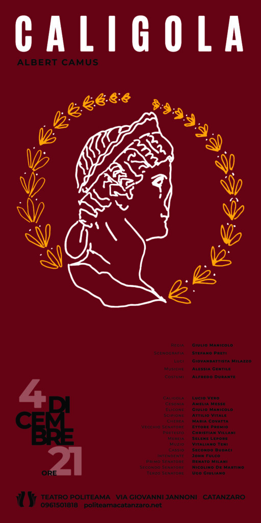 Caligula 2021 - poster. On the imperial red background, the figure of the head of Julia Drusilla surrounded by gold-colored laurel leaves emerges in white.