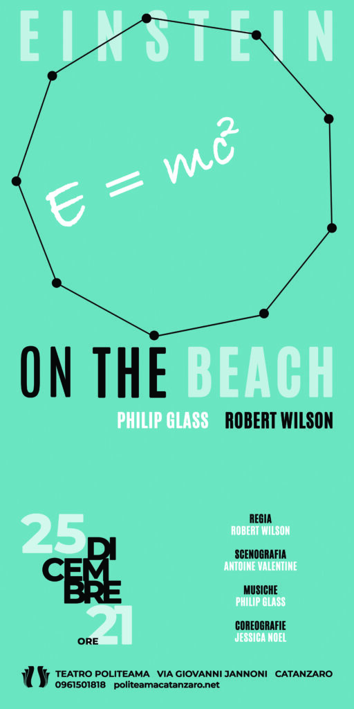 Einstein on the beach 2021 - poster. The theatrical poster of the Einstein on the Beach show has a blue background on which the title text and a nonagon stand out to symbolize the nine parts into which the show is divided.