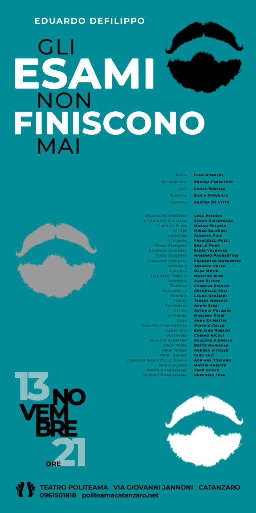 Gli esami non finiscono mai 2021 - poster. The three beards symbol of the show occupy one the upper part, one the central part and one the lower part of the poster; the texts are in black and white.