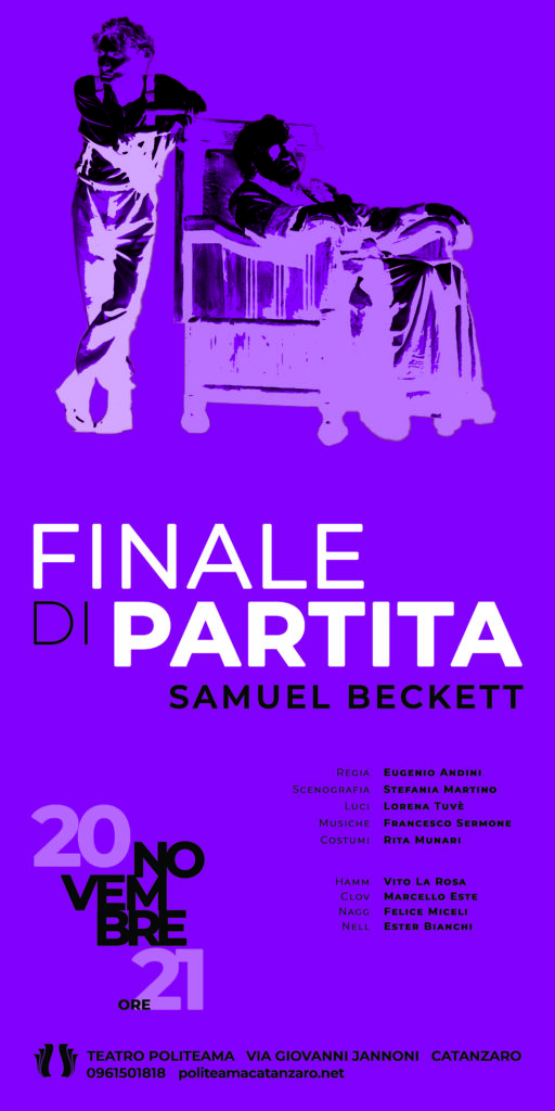 Fin de partie 2021 - poster. The black and white texts emerge on the purple background; above an image of the show rendered in strong black and white contrasts.