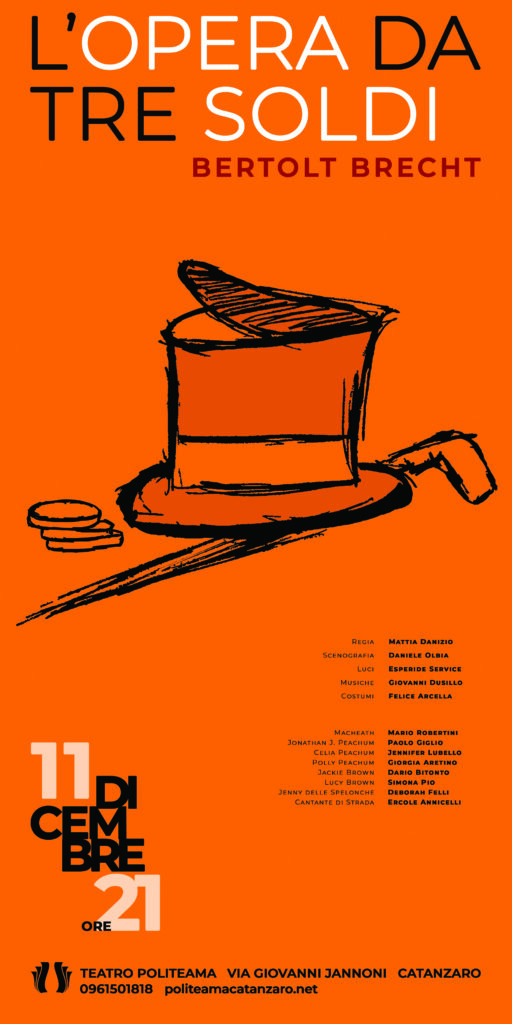 Die Dreigroschenoper 2021 - poster. The symbols of the show emerge from the orange background: a broken top hat, an umbrella and three gold coins.