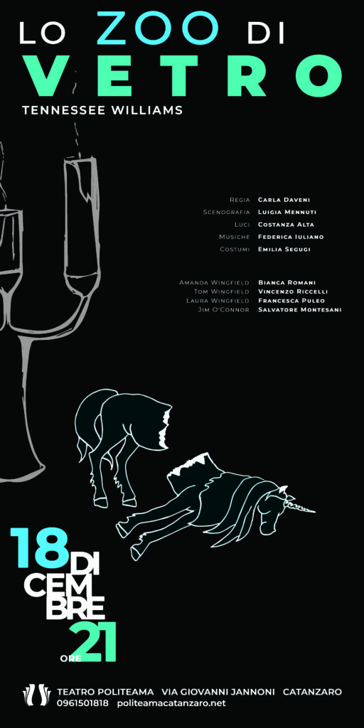 The Glass Menagerie 2021 - poster. A candlestick and a broken glass unicorn stand out against a dark gray background.