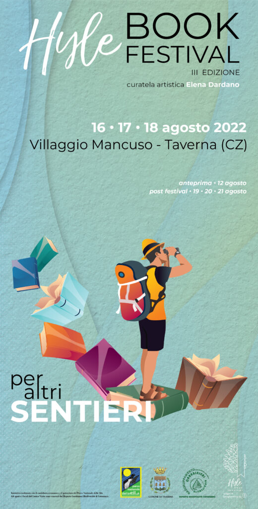 Hyle Book Festival 2022 - General leaflets. General poster for the Hyle Book Festival event: a trail of flying books on one of which is an explorer with binoculars.