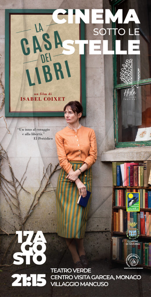 Cinema Under the Stars - poster. The poster for the film 'The House of Books' rendered in the style of the Hyle Book Festival; the film's protagonist looks out from her bookshop.
