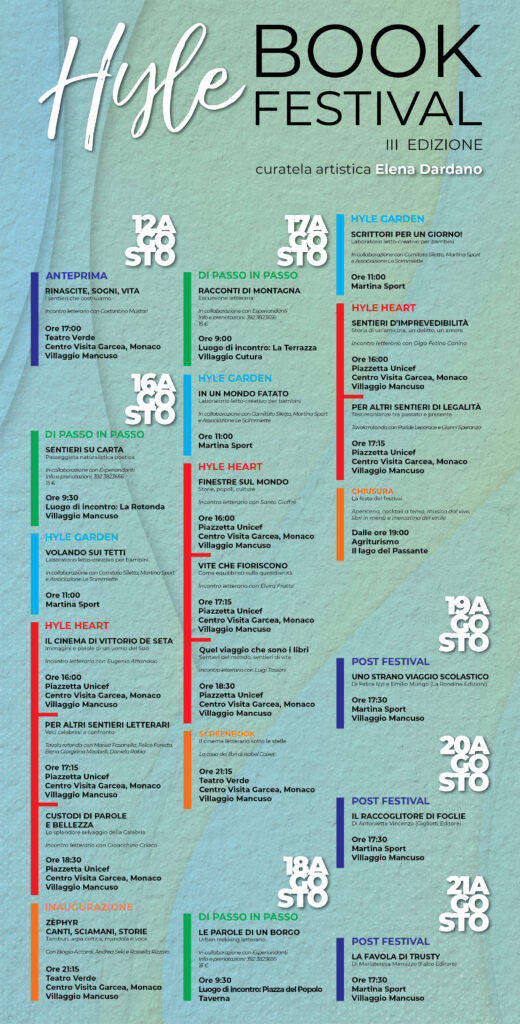 Hyle Book Festival 2022 - Event leaflets. The poster contains the complete Hyle Book Festival programme divided by sections, days and times.