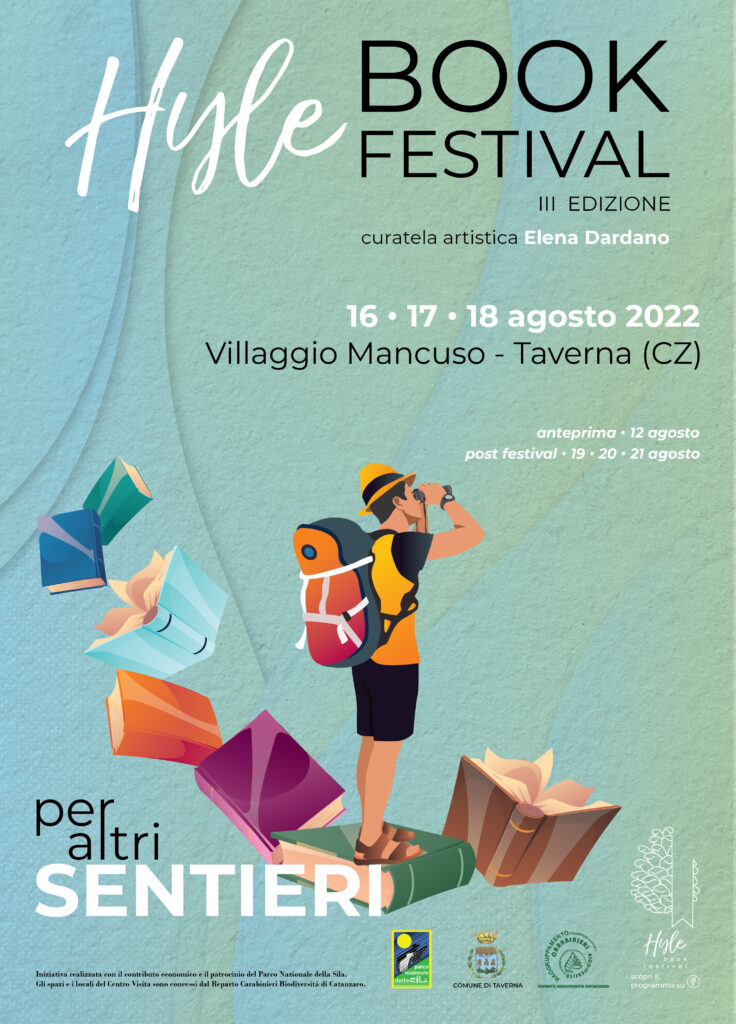 Manifesto generale dell'evento Hyle Book Festival: una scia di libri volanti su uno dei quali è situato un esploratore con binocolo.