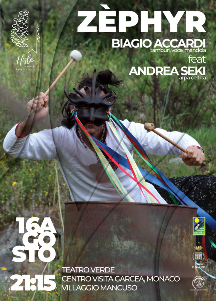 Musical Event Billboard. The photo of the storyteller Biagio Accardi, inside the Hyle Book Festival graphic layout; the musician looks into the camera while playing a barrel.