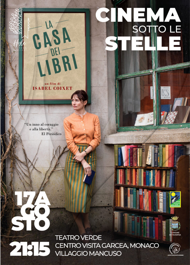 Cinema under the stars - Poster. The poster for the film 'The House of Books' rendered in the style of the Hyle Book Festival; the film's protagonist looks out from her bookshop.