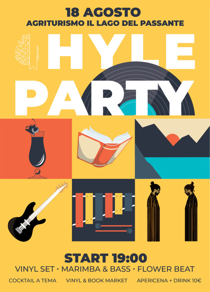 Hyle Party. Poster for the final party of the Hyle Book Festival; On the yellow background, in a geometric composition, are the main symbols of the festival: books, cocktails, the mountain lake, vinyl, electric guitar, marimba and DJ set.
