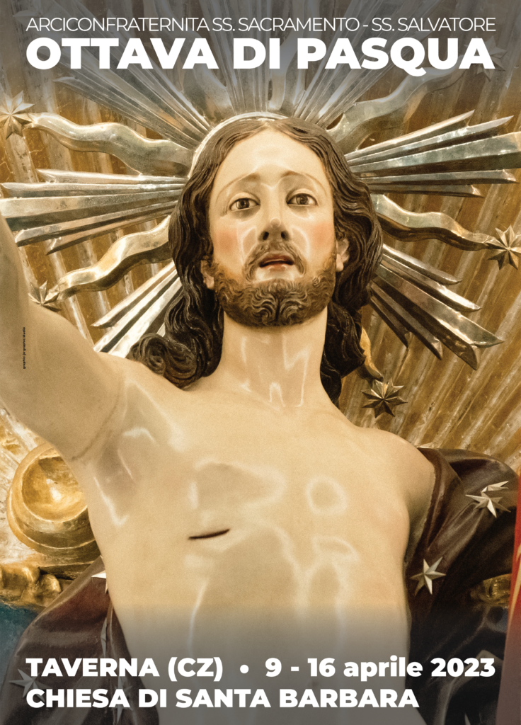 Billboard for the event 'Octave of Easter - 2023' organised by the Archconfraternity Most Holy Sacrament - Holy Saviour 9 - 16 April 2023 On the poster the face of Christ Triumphant, a 19th century wooden sculpture kept in the Archpriest's Church of Santa Barbara in Taverna (CZ).