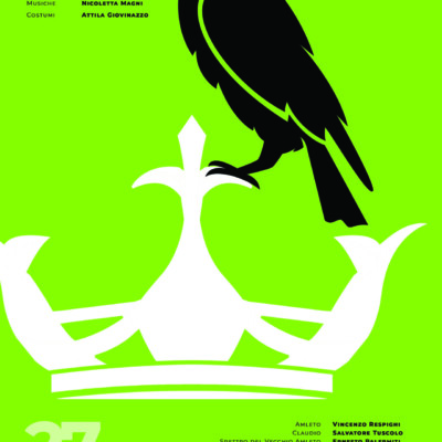 Fondo color verde veleno con testi bianchi e neri. Al centro un corvo nero si posa su una corona bianca.