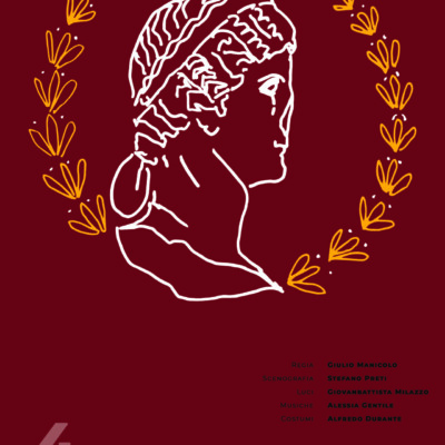 Sul fondo rosso imperiale emerge in bianco la figura della testa di Giulia Drusilla circondata da foglie di alloro color oro.