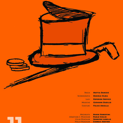 Dal fondo arancione emergono i simboli dello spettacolo: un cappello a cilindro sfondato, un ombrello e tre monete d'oro.