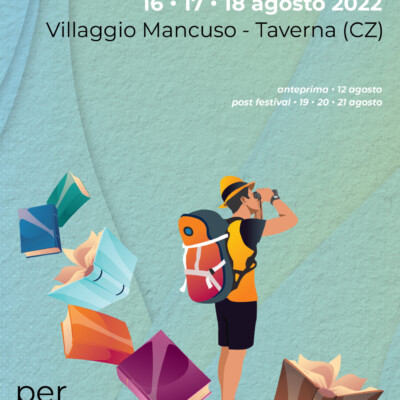 Una scia di libri volanti su uno dei quali è situato un esploratore con binocolo.