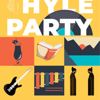 Manifesto per la festa finale di Hyle Book Festival; Sul fondo giallo, in una composizione geometrica, vengono riportati i simboli principali della festa: libri, cocktails, il lago montano, vinili, chitarra elettrica, marimba e dj set.