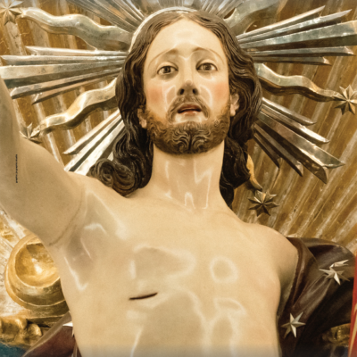 Il volto del Cristo Trionfante, scultura lignea ottocentesca custodita nella Chiesa Arcipretale di Santa Barbara in Taverna (CZ).