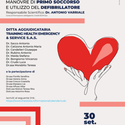 L'lustrazione di due mani stilizzate che sorreggono un cuore. Sono presenti i nomi dei relatori, la data e le informazioni utili per frequentare il corso.