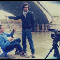 Giovanni Dardano durante le riprese del corto "Sòle a catinelle" insieme a Mingo De Pasquale